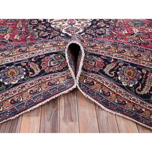 10'x12'7" Barbados Cherry Red, Vintage Persian Mashad, Hand Knotted 100% Wool, Sheared Low and Cropped Thin, Distressed Look, Good Condition, Cleaned, Sides and Ends Professionally Secured, Worn Oriental Rug FWR517170