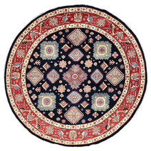 Load image into Gallery viewer, 9&#39;x9&#39; Anchors Aweigh Blue with Upsdell Red, Natural Dyes, Densely Woven, Pure Wool, Special Kazak All Over Geometric Design, Hand Knotted Round Oriental Rug FWR517308