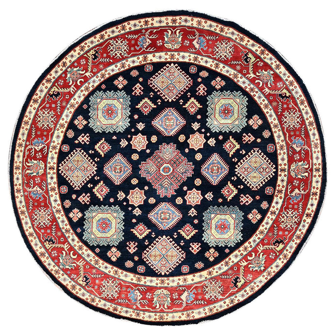 9'x9' Anchors Aweigh Blue with Upsdell Red, Natural Dyes, Densely Woven, Pure Wool, Special Kazak All Over Geometric Design, Hand Knotted Round Oriental Rug FWR517308