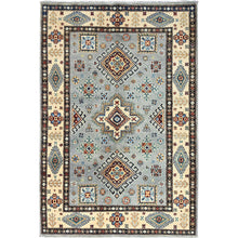 Load image into Gallery viewer, 4&#39;x5&#39;9&quot; Stone Eagle Gray and Gnocchi Beige, Special Kazak, Geometric Design, Hand Knotted 100% Wool Densely Woven Vegetable Dyes Oriental Rug FWR517530