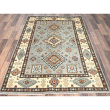 Load image into Gallery viewer, 4&#39;x5&#39;9&quot; Stone Eagle Gray and Gnocchi Beige, Special Kazak, Geometric Design, Hand Knotted 100% Wool Densely Woven Vegetable Dyes Oriental Rug FWR517530