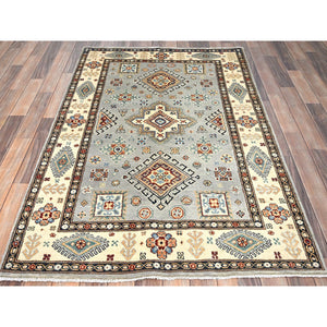 4'x5'9" Stone Eagle Gray and Gnocchi Beige, Special Kazak, Geometric Design, Hand Knotted 100% Wool Densely Woven Vegetable Dyes Oriental Rug FWR517530