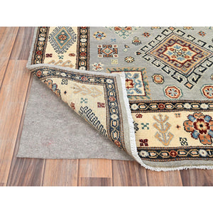 4'x5'9" Stone Eagle Gray and Gnocchi Beige, Special Kazak, Geometric Design, Hand Knotted 100% Wool Densely Woven Vegetable Dyes Oriental Rug FWR517530