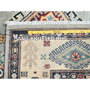 4'x5'9" Stone Eagle Gray and Gnocchi Beige, Special Kazak, Geometric Design, Hand Knotted 100% Wool Densely Woven Vegetable Dyes Oriental Rug FWR517530