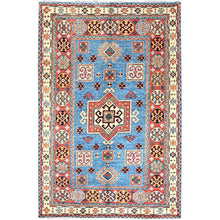 Load image into Gallery viewer, 3&#39;10&quot;x5&#39;10&quot; Tufts Blue, Vegetable Dyes, 100% Wool, Afghan Special Kazak with Geometrical Medallions, Hand Knotted, Oriental Rug FWR517542