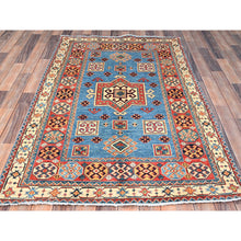 Load image into Gallery viewer, 3&#39;10&quot;x5&#39;10&quot; Tufts Blue, Vegetable Dyes, 100% Wool, Afghan Special Kazak with Geometrical Medallions, Hand Knotted, Oriental Rug FWR517542