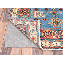 Load image into Gallery viewer, 3&#39;10&quot;x5&#39;10&quot; Tufts Blue, Vegetable Dyes, 100% Wool, Afghan Special Kazak with Geometrical Medallions, Hand Knotted, Oriental Rug FWR517542