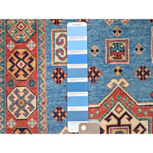 Load image into Gallery viewer, 3&#39;10&quot;x5&#39;10&quot; Tufts Blue, Vegetable Dyes, 100% Wool, Afghan Special Kazak with Geometrical Medallions, Hand Knotted, Oriental Rug FWR517542