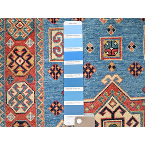 3'10"x5'10" Tufts Blue, Vegetable Dyes, 100% Wool, Afghan Special Kazak with Geometrical Medallions, Hand Knotted, Oriental Rug FWR517542