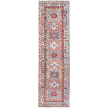 Load image into Gallery viewer, 2&#39;7&quot;x9&#39;3&quot; Silver Pink Gray, Natural Dyes, Hand Knotted Densely Woven, Kazak with Geometric Pattern, Oriental Extra Soft Wool Runner Rug FWR517734