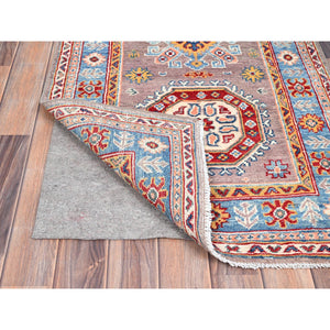 2'6"x9'2" Dusty Gray and Lapis Blue, Extra Soft Wool Kazak With Geometric Design, Dense Weave and Vegetable Dyes, Runner Oriental Hand Knotted Rug FWR517740