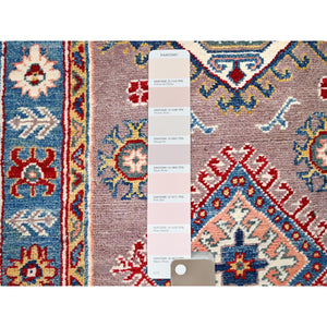 2'6"x9'2" Dusty Gray and Lapis Blue, Extra Soft Wool Kazak With Geometric Design, Dense Weave and Vegetable Dyes, Runner Oriental Hand Knotted Rug FWR517740