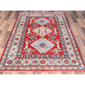 3'10"x5'8" Show Stopper Red, All Wool, Densely Woven, Natural Dyes, Kazak Tribal Design, Hand Knotted Oriental Rug FWR517776