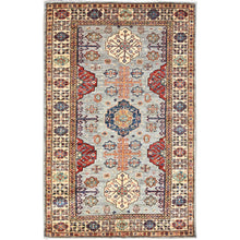 Load image into Gallery viewer, 4&#39;x6&#39; Dolphin Gray, Vegetable Dyes, 100% Wool, Densely Woven Afghan Super Kazak with Geometric Elements, Hand Knotted, Oriental Rug FWR517920