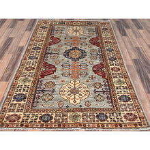 Load image into Gallery viewer, 4&#39;x6&#39; Dolphin Gray, Vegetable Dyes, 100% Wool, Densely Woven Afghan Super Kazak with Geometric Elements, Hand Knotted, Oriental Rug FWR517920