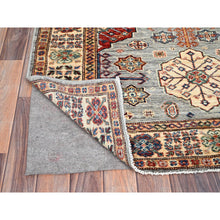 Load image into Gallery viewer, 4&#39;x6&#39; Dolphin Gray, Vegetable Dyes, 100% Wool, Densely Woven Afghan Super Kazak with Geometric Elements, Hand Knotted, Oriental Rug FWR517920