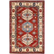 Load image into Gallery viewer, 4&#39;x6&#39; Crimson Red, Large Triple Medallion, All Wool, Densely Woven, Natural Dyes, Kazak Tribal Design, Hand Knotted Oriental Rug FWR517926