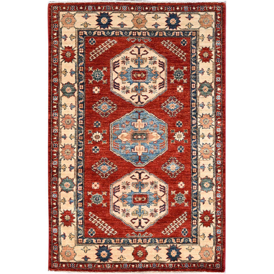 4'x6' Crimson Red, Large Triple Medallion, All Wool, Densely Woven, Natural Dyes, Kazak Tribal Design, Hand Knotted Oriental Rug FWR517926