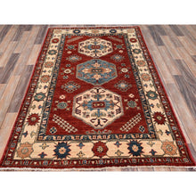 Load image into Gallery viewer, 4&#39;x6&#39; Crimson Red, Large Triple Medallion, All Wool, Densely Woven, Natural Dyes, Kazak Tribal Design, Hand Knotted Oriental Rug FWR517926