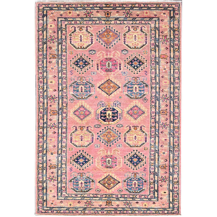 4'x6' Pink Salt, Vegetable Dyes, Dense Weave Organic Wool, Hand Knotted Afghan Super Kazak with Tribal Geometric Medallions, Oriental Rug FWR517932