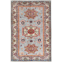 Load image into Gallery viewer, 4&#39;x6&#39; Battleship Gray, Hand Knotted Super Kazak with Tribal Medallions Pattern, Extra Soft Wool With Vegetable Dyes, Oriental Dense Weave Rug FWR517938