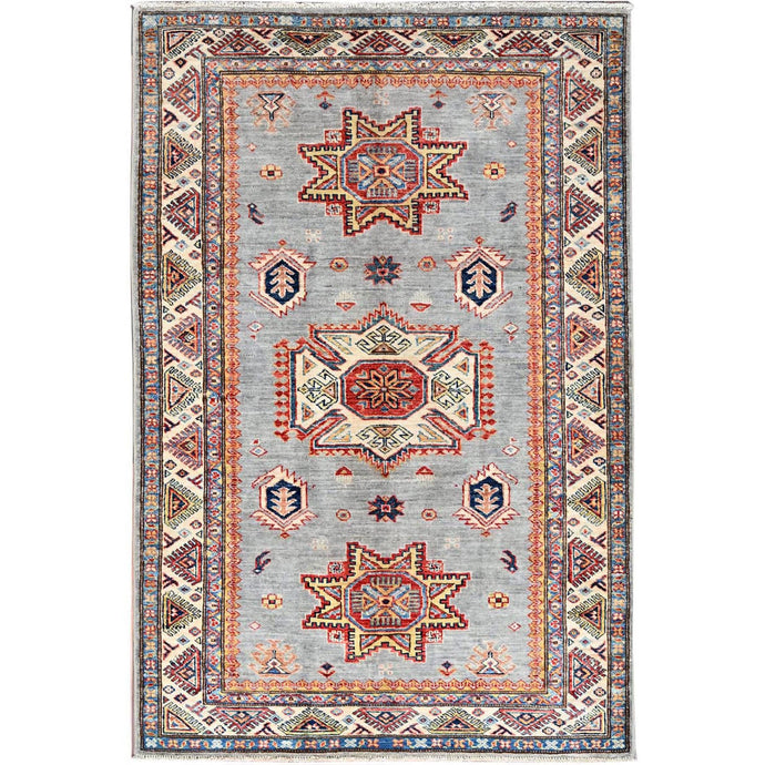 4'x6' Battleship Gray, Hand Knotted Super Kazak with Tribal Medallions Pattern, Extra Soft Wool With Vegetable Dyes, Oriental Dense Weave Rug FWR517938