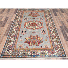 Load image into Gallery viewer, 4&#39;x6&#39; Battleship Gray, Hand Knotted Super Kazak with Tribal Medallions Pattern, Extra Soft Wool With Vegetable Dyes, Oriental Dense Weave Rug FWR517938