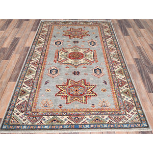 4'x6' Battleship Gray, Hand Knotted Super Kazak with Tribal Medallions Pattern, Extra Soft Wool With Vegetable Dyes, Oriental Dense Weave Rug FWR517938