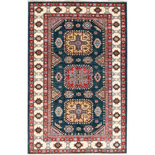 Load image into Gallery viewer, 4&#39;x6&#39; Deep Teal, Afghan Super Kazak Design with Large Elements, Dense Weave, Natural Dyes, Hand Knotted, Natural Wool, Oriental Rug FWR517956