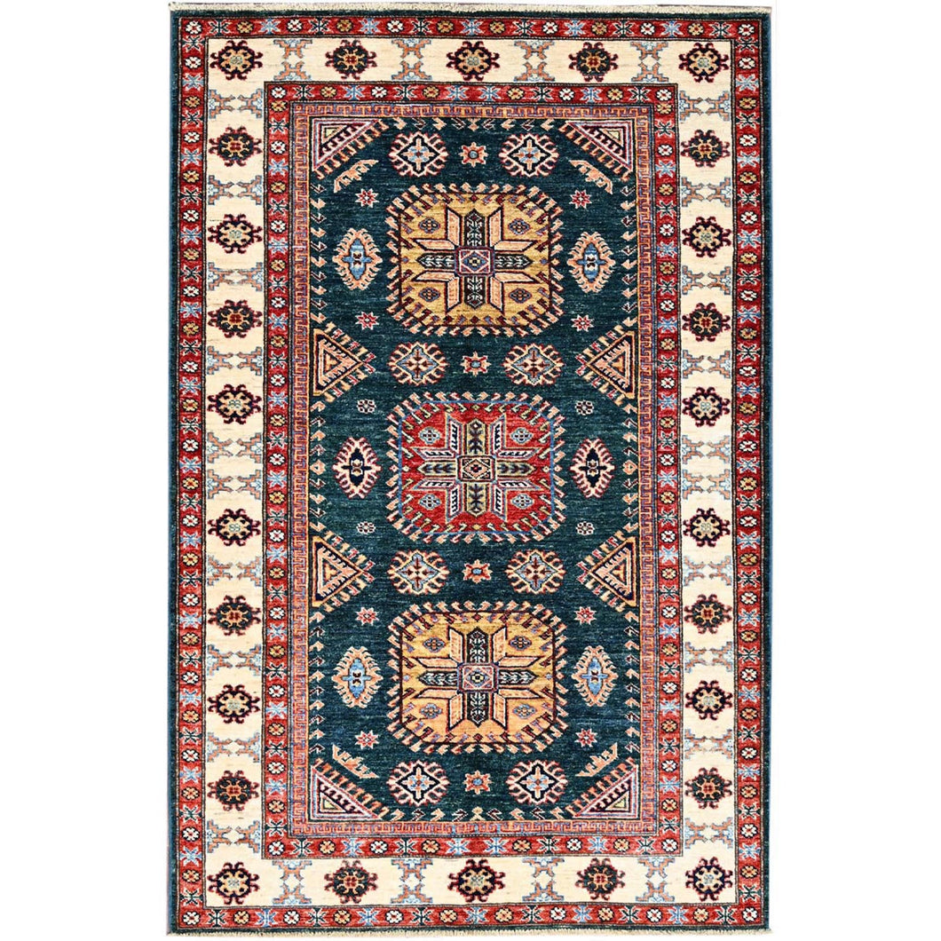 4'x6' Deep Teal, Afghan Super Kazak Design with Large Elements, Dense Weave, Natural Dyes, Hand Knotted, Natural Wool, Oriental Rug FWR517956