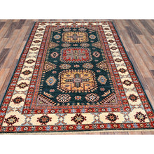 Load image into Gallery viewer, 4&#39;x6&#39; Deep Teal, Afghan Super Kazak Design with Large Elements, Dense Weave, Natural Dyes, Hand Knotted, Natural Wool, Oriental Rug FWR517956