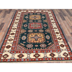 4'x6' Deep Teal, Afghan Super Kazak Design with Large Elements, Dense Weave, Natural Dyes, Hand Knotted, Natural Wool, Oriental Rug FWR517956