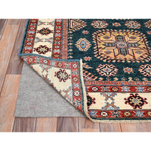 Load image into Gallery viewer, 4&#39;x6&#39; Deep Teal, Afghan Super Kazak Design with Large Elements, Dense Weave, Natural Dyes, Hand Knotted, Natural Wool, Oriental Rug FWR517956