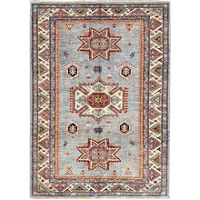 Load image into Gallery viewer, 4&#39;1&quot;x5&#39;9&quot; High-rise Gray, Hand Knotted Natural Dyes, Super Kazak Dense Weave With Tribal Medallion Design, Extra Soft Wool Oriental Rug FWR517968