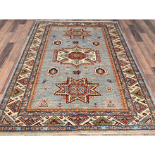 Load image into Gallery viewer, 4&#39;1&quot;x5&#39;9&quot; High-rise Gray, Hand Knotted Natural Dyes, Super Kazak Dense Weave With Tribal Medallion Design, Extra Soft Wool Oriental Rug FWR517968