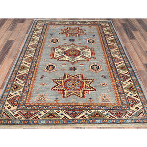 4'1"x5'9" High-rise Gray, Hand Knotted Natural Dyes, Super Kazak Dense Weave With Tribal Medallion Design, Extra Soft Wool Oriental Rug FWR517968