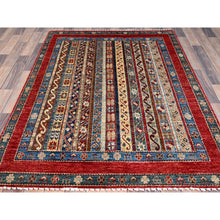 Load image into Gallery viewer, 4&#39;2&quot;x5&#39;9&quot; Gilded Beige, Colorful Vibrant Pure Wool, Afghan Super Kazak with Shawl Design, Hand Knotted Vegetable Dyes Oriental Rug FWR518160