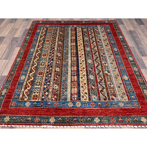 4'2"x5'9" Gilded Beige, Colorful Vibrant Pure Wool, Afghan Super Kazak with Shawl Design, Hand Knotted Vegetable Dyes Oriental Rug FWR518160