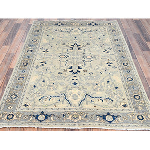 4'x5'9" Papyrus White, Vegetable Dyes, 100% Wool, Densely Woven Afghan Serapi Heriz Design, Hand Knotted, Oriental Rug FWR518310