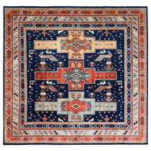 Load image into Gallery viewer, 11&#39;5&quot;x11&#39;9&quot; Hague Blue and Matte Silver Gray, Hand Knotted Armenian Inspired Caucasian Design with Small Birds Figurines 200 KPSI, Natural Dyes, Densely Woven, Soft Wool Square Oriental Rug FWR518454