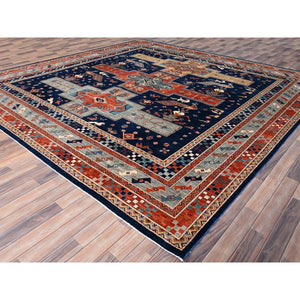 11'5"x11'9" Hague Blue and Matte Silver Gray, Hand Knotted Armenian Inspired Caucasian Design with Small Birds Figurines 200 KPSI, Natural Dyes, Densely Woven, Soft Wool Square Oriental Rug FWR518454