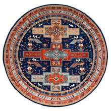 Load image into Gallery viewer, 12&#39;x12&#39; Ralph Lauren Blue, Gray Border, Armenian Inspired Caucasian Design with Small Birds Figurines, 100% Wool, Hand Knotted 200 KPSI Densely Woven and Natural Dyes, Round Oriental Rug FWR518460