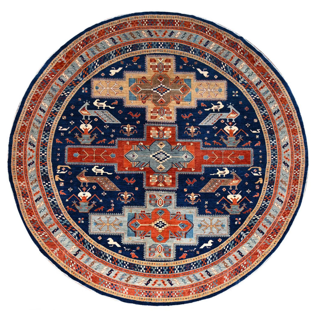 12'x12' Ralph Lauren Blue, Gray Border, Armenian Inspired Caucasian Design with Small Birds Figurines, 100% Wool, Hand Knotted 200 KPSI Densely Woven and Natural Dyes, Round Oriental Rug FWR518460