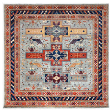 Load image into Gallery viewer, 12&#39;x12&#39; Stormy Sky Gray, Dense Weave and Natural Dyes, All Wool, 200 KPSI, Armenian Inspired Caucasian Design and Small Bird Figurines, Square Hand Knotted Oriental Rug FWR518490