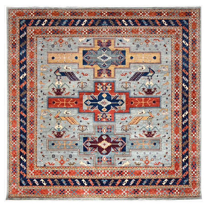 12'x12' Stormy Sky Gray, Dense Weave and Natural Dyes, All Wool, 200 KPSI, Armenian Inspired Caucasian Design and Small Bird Figurines, Square Hand Knotted Oriental Rug FWR518490