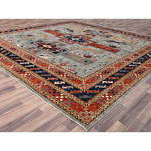 Load image into Gallery viewer, 12&#39;x12&#39; Stormy Sky Gray, Dense Weave and Natural Dyes, All Wool, 200 KPSI, Armenian Inspired Caucasian Design and Small Bird Figurines, Square Hand Knotted Oriental Rug FWR518490