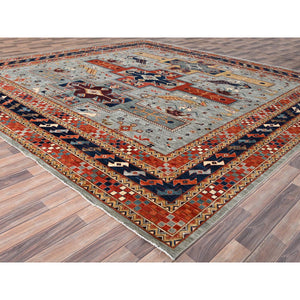 12'x12' Stormy Sky Gray, Dense Weave and Natural Dyes, All Wool, 200 KPSI, Armenian Inspired Caucasian Design and Small Bird Figurines, Square Hand Knotted Oriental Rug FWR518490