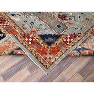 12'x12' Stormy Sky Gray, Dense Weave and Natural Dyes, All Wool, 200 KPSI, Armenian Inspired Caucasian Design and Small Bird Figurines, Square Hand Knotted Oriental Rug FWR518490