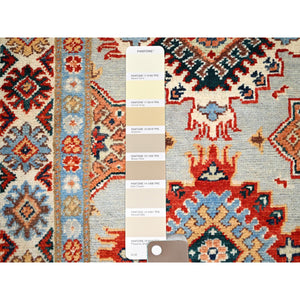 2'8"x9'5" Screen Gray with Ivory Border, Afghan Special Kazak with Medallion Design, Hand Knotted Densely Woven Natural Dye Oriental Organic Wool Runner Rug FWR518724