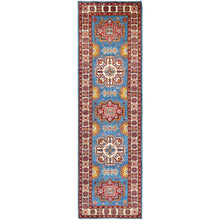 Load image into Gallery viewer, 2&#39;9&quot;x9&#39;5&quot; Seaworthy Blue and Vivid White, Vegetable Dyes Extra Soft Wool, Densely Woven Hand Knotted, Special Kazak and Geometric Design, Runner Oriental Rug FWR518730